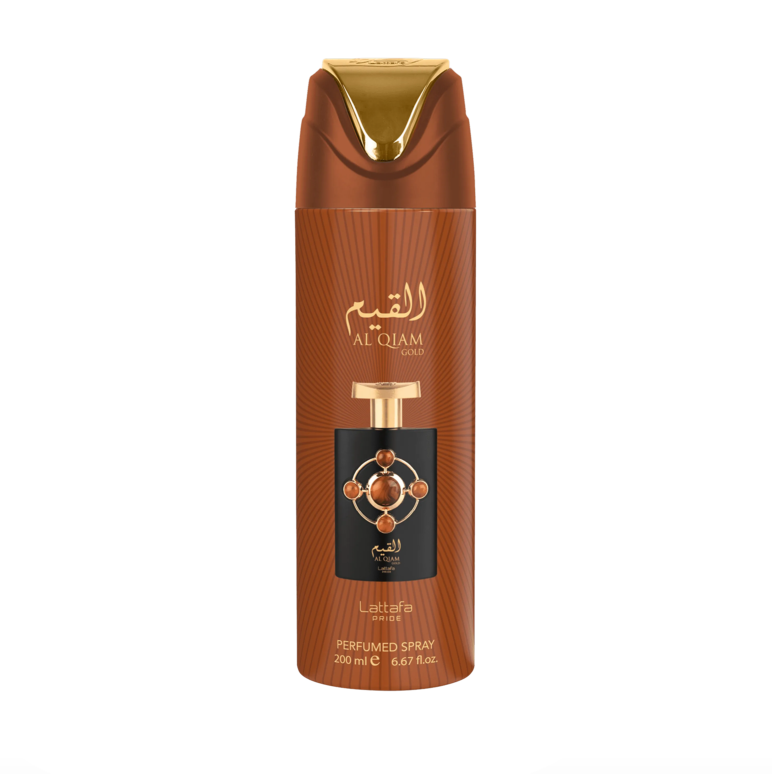 Fotografía profesional de producto del desodorante Lattafa Pride Al Qiam Gold (200 ml), en la que se destaca su diseño elegante y potente y la marca premium de la colección Lattafa Pride sobre un fondo limpio y moderno.