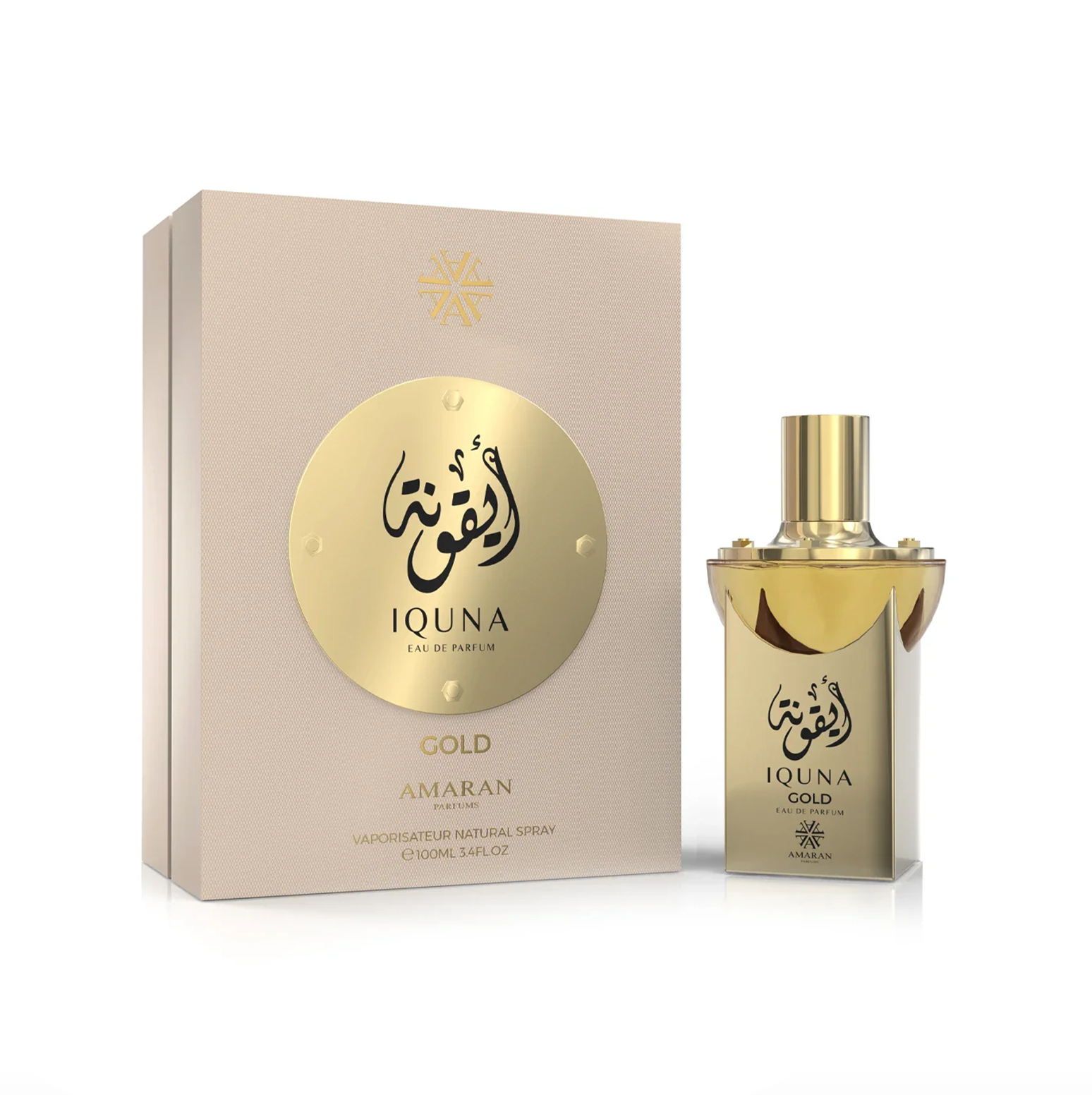 A professional product display showing the golden Iquna Gold 100ml bottle positioned next to its matching, elegantly textured gift box.
