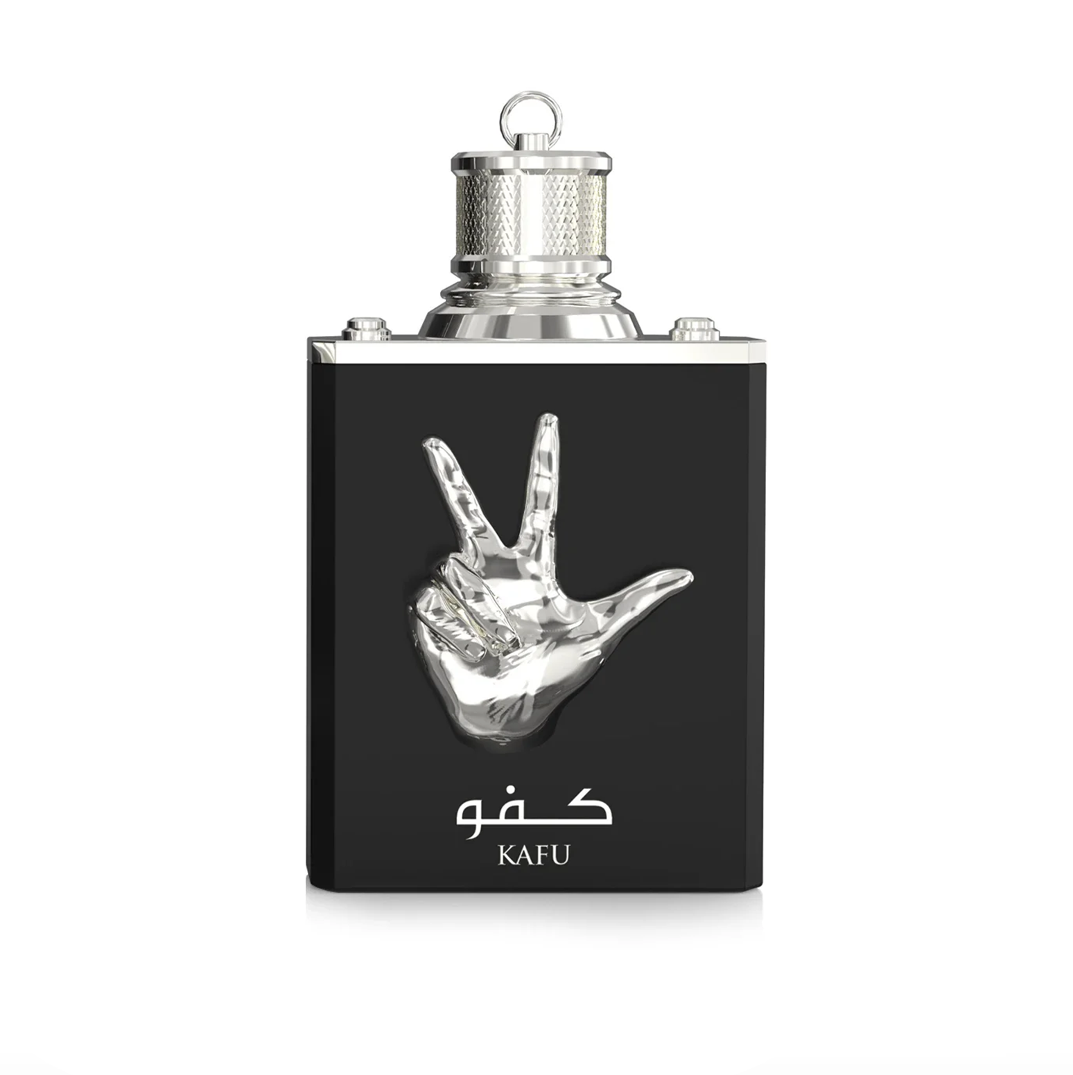 A clean studio shot of the black 100ml bottle, highlighting its minimalist form against the expressive, silver-toned hand centerpiece.