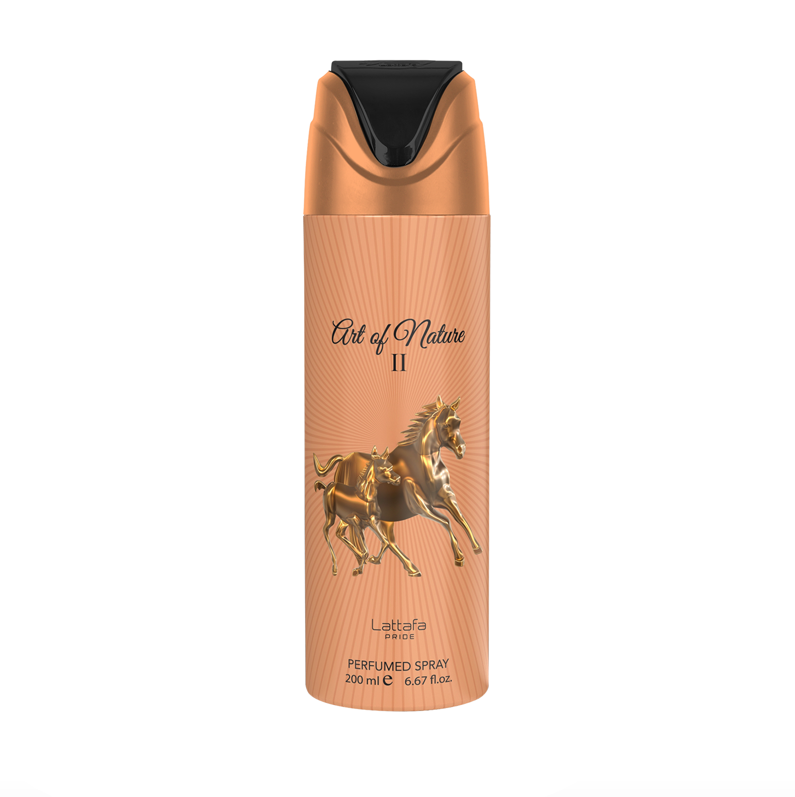 Fotografía de producto profesional del desodorante Lattafa Pride Art of Nature II (200 ml), en la que se resalta su elegante diseño y la marca premium y elegante de la colección Lattafa Pride sobre un fondo limpio y moderno.