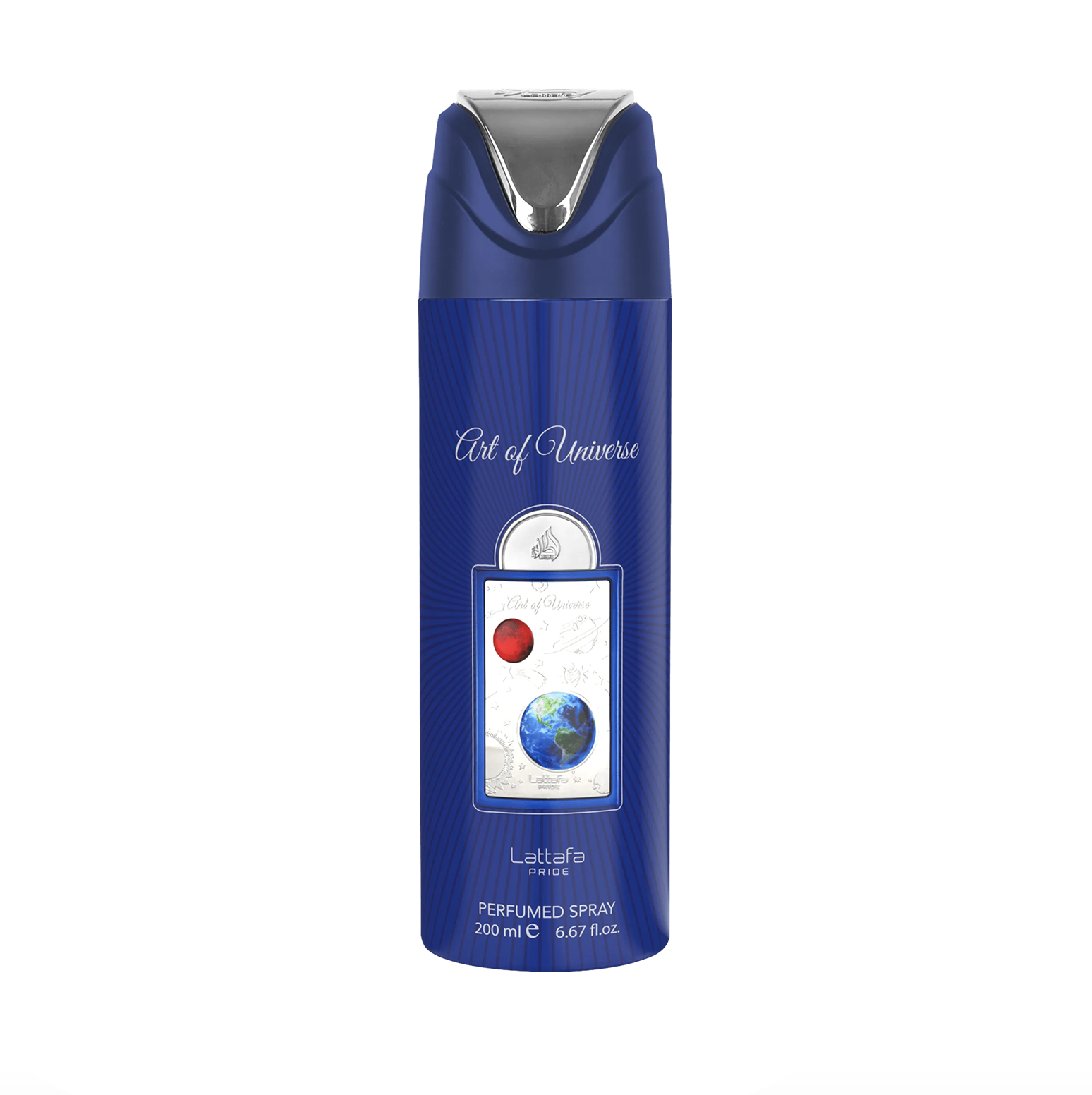 Fotografía de producto del desodorante Lattafa Pride Art of Universe en frasco azul (200 ml), en la que se destaca su elegante diseño y la marca premium y elegante de la colección Lattafa Pride sobre un fondo blanco y limpio.