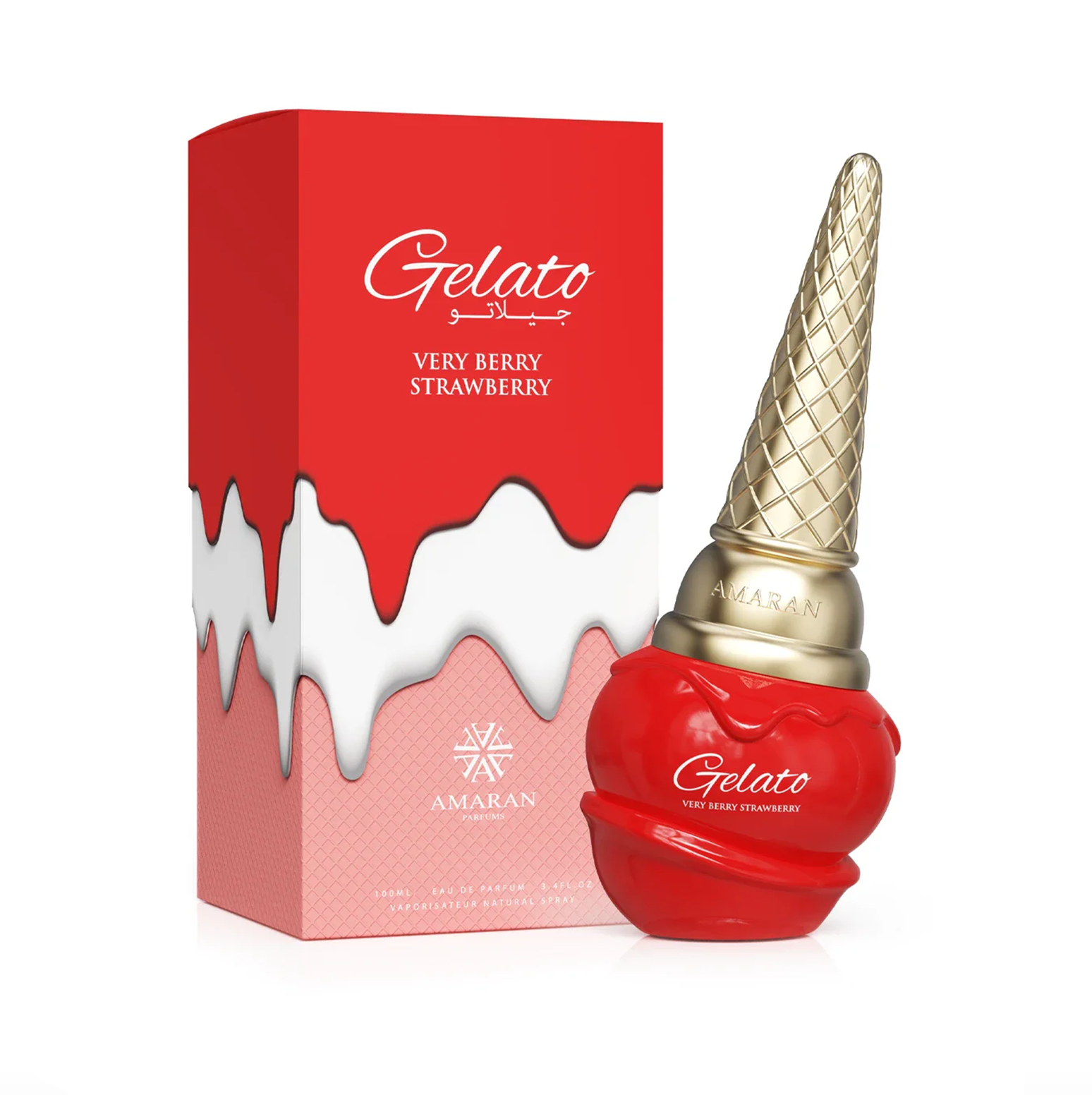 A professional product display showing the bright red, ice-cream-cone-shaped 100ml bottle standing beside its matching, creatively themed packaging, which features a design resembling melting strawberry ice cream.