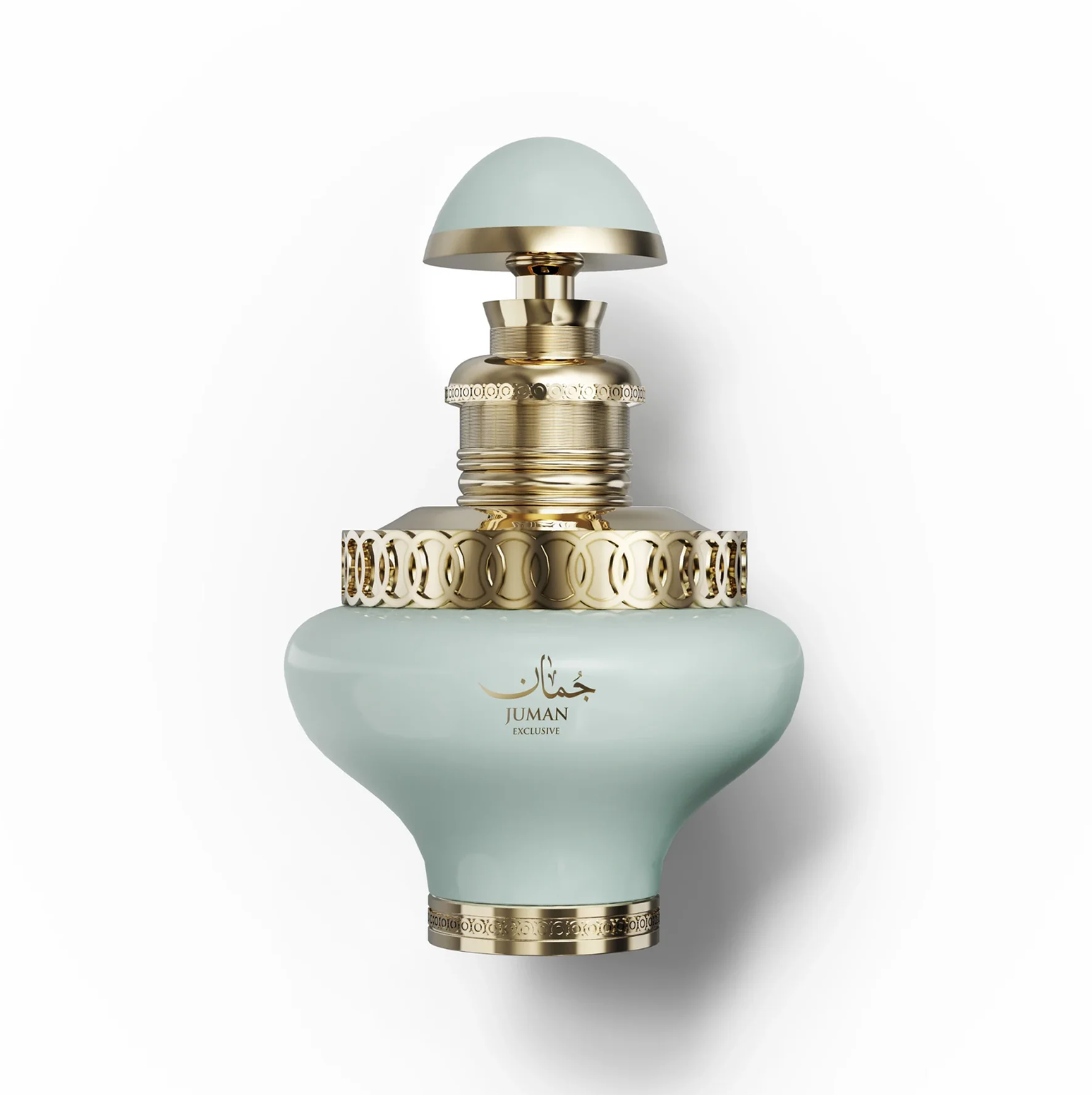 Una foto de producto de estudio del frasco de 100 ml de Juman Exclusive de color verde pálido con detalles dorados.