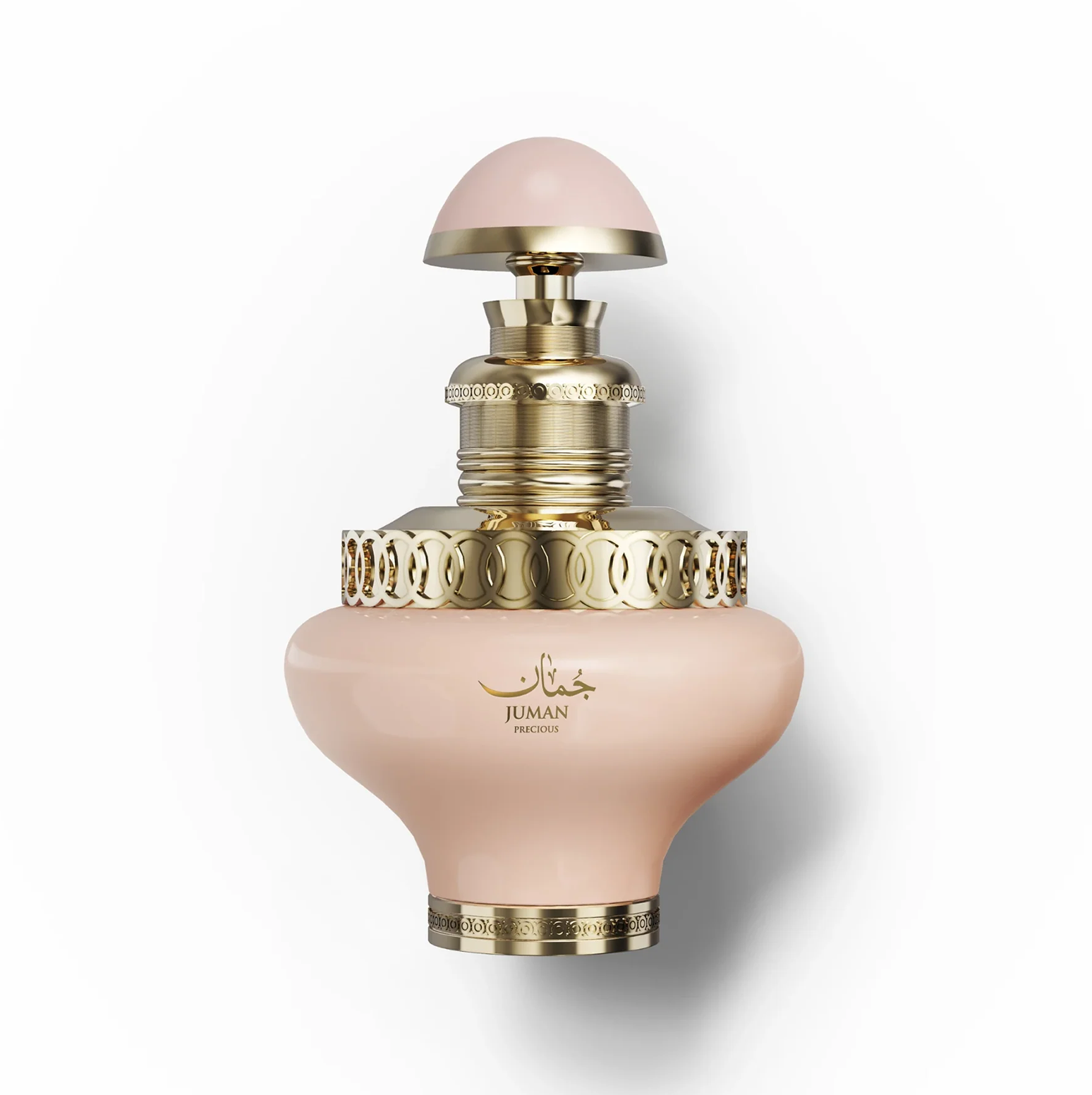Primer plano del frasco de perfume para mujer Juman Precious de 100 ml con detalles dorados. Una imagen de estudio del frasco de cristal de 100 ml de Juman Precious, en la que destaca su delicado cuerpo de tonos suaves y los intrincados detalles metálicos dorados alrededor del cuello y la base.
