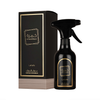 Una fotografía de producto profesional de la botella de spray ambiental Lattafa Khamrah de 450 ml mostrada junto a su elegante envase, destacando la estética premium y sofisticada de esta fragancia de lujo para el hogar.