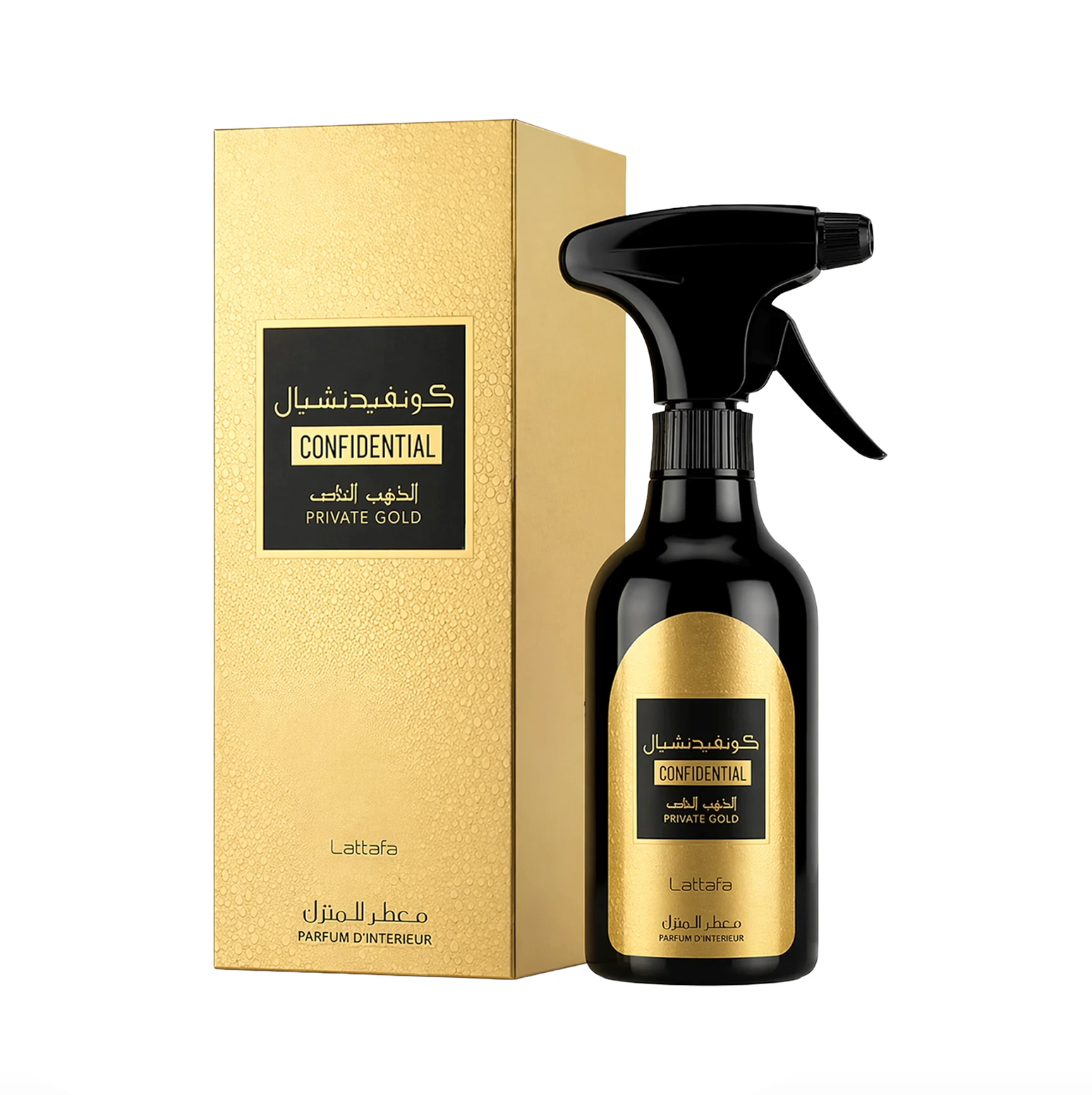 Una foto de producto de alta calidad de la botella de spray para habitaciones Lattafa Confidential Private Gold junto a su elegante caja, mostrando un diseño sofisticado que encaja perfectamente en cualquier entorno de decoración de lujo para el hogar.