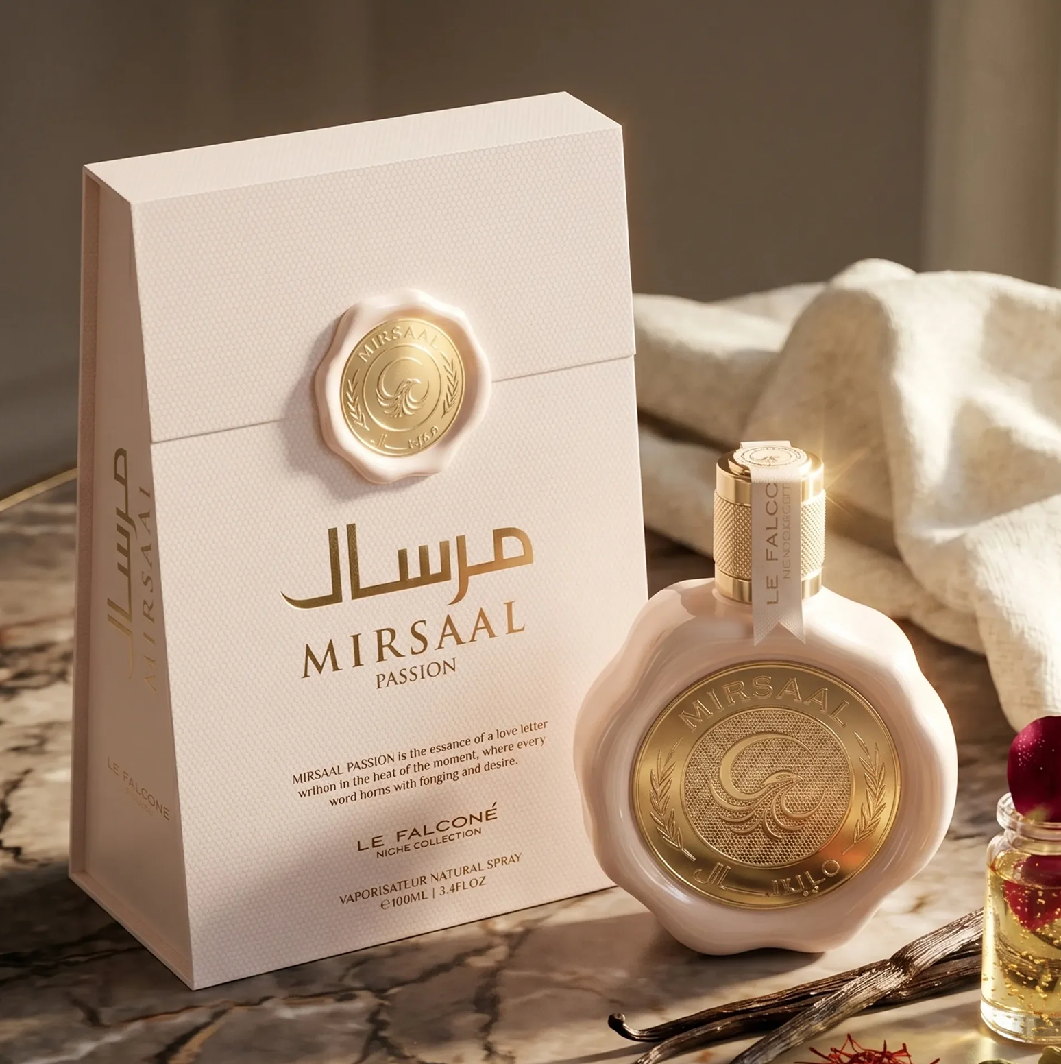 Un expositor de producto premium de Mirsaal Passion Eau de Parfum, con el frasco de 100 ml rosa pálido sellado con cera junto a su elegante estuche de regalo a juego, decorado con vainas de vainilla y detalles aromáticos sobre una superficie de mármol.