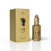 Una presentación de producto premium de Le Falconé Muharib Alpha Extrait de Parfum, con el frasco de 85 ml expuesto junto a su elegante caja dorada texturizada, que muestra el icónico diseño del casco espartano.