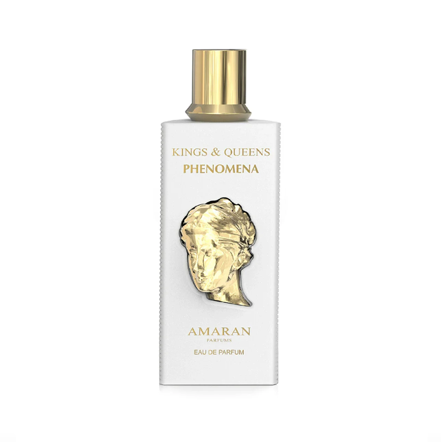 A clean studio shot of the white 100ml bottle, highlighting its minimalist aesthetic contrasted by the iconic, metallic gold-toned sculpted portrait on the front.