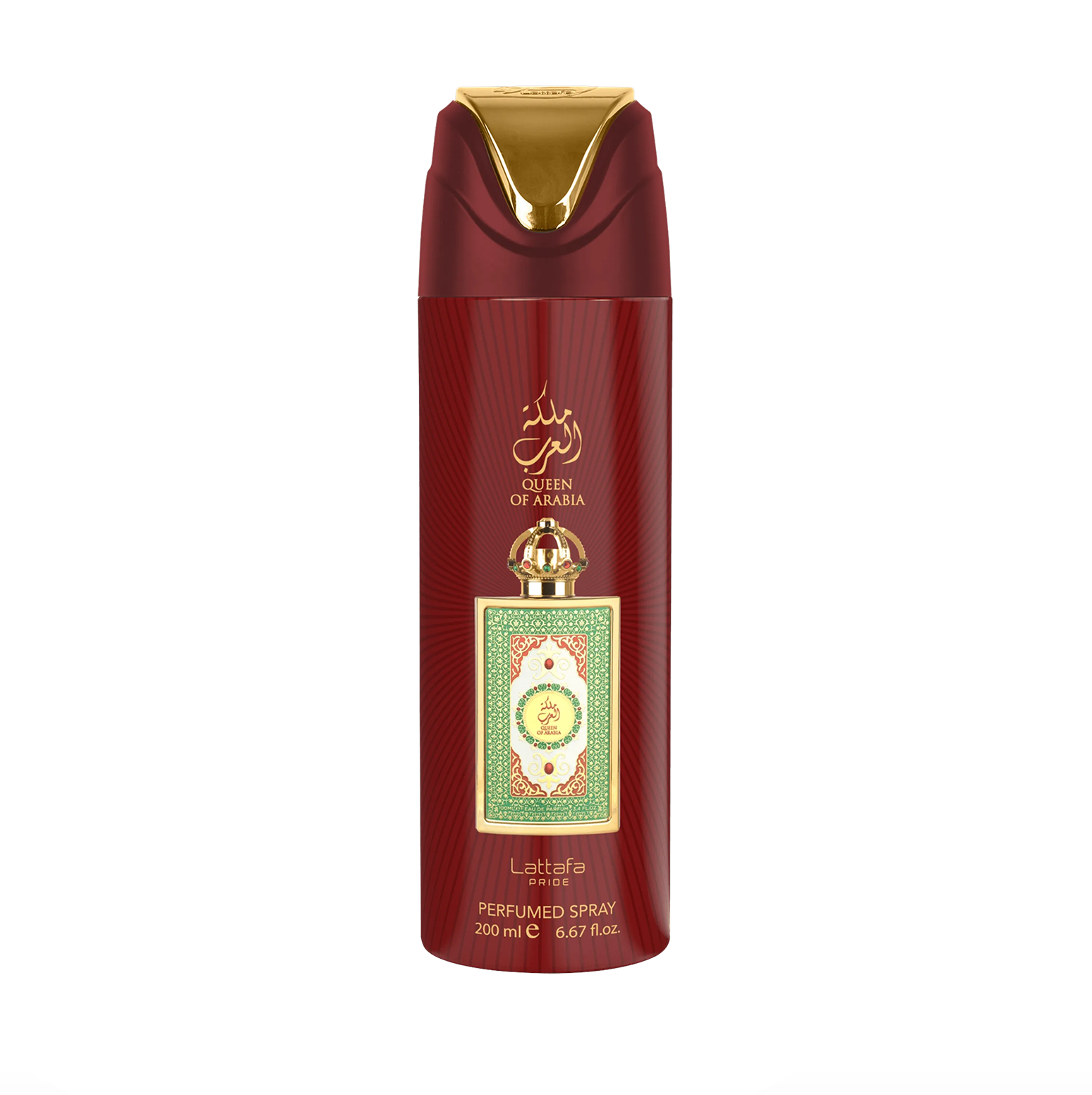 Fotografía de producto profesional del frasco de desodorante Lattafa Pride Queen of Arabia (200 ml), en la que se destaca su estilizado diseño y la marca premium y elegante de la colección Lattafa Pride sobre un fondo limpio y moderno.