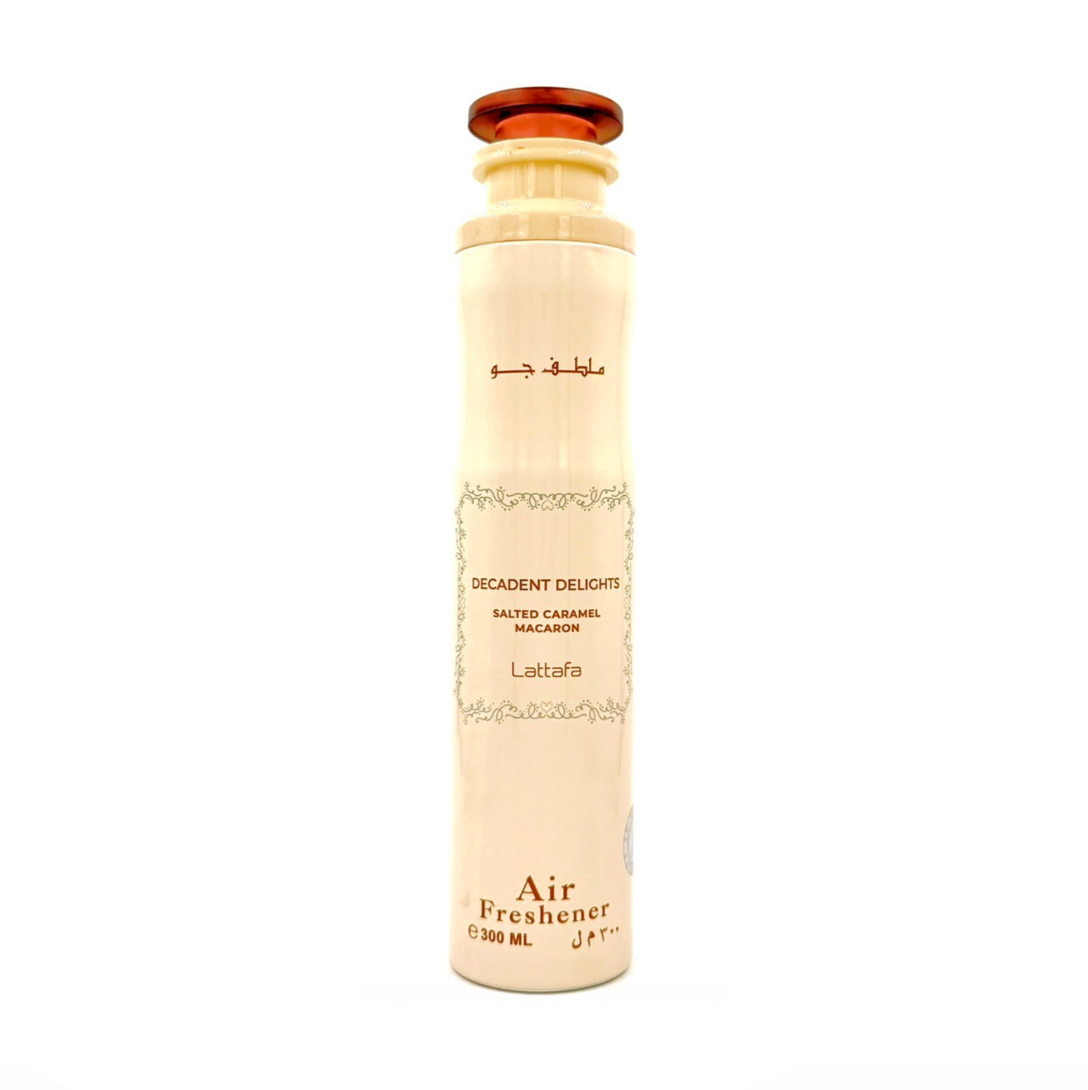 Fotografía de producto de estudio profesional de la botella de ambientador Lattafa Decadent Delights Salted Caramel Macaron (300 ml), que muestra su elegante diseño y la marca de la fragancia gourmet sobre un fondo limpio.