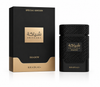 Displays the Shiyaaka Shadow by Khadlaj bottle alongside its premium presentation box. The composition highlights the contrast between the textured black bottle and its elegant packaging, enhanced by soft studio lighting and a clean white background. Luxury fragrance advertising style.