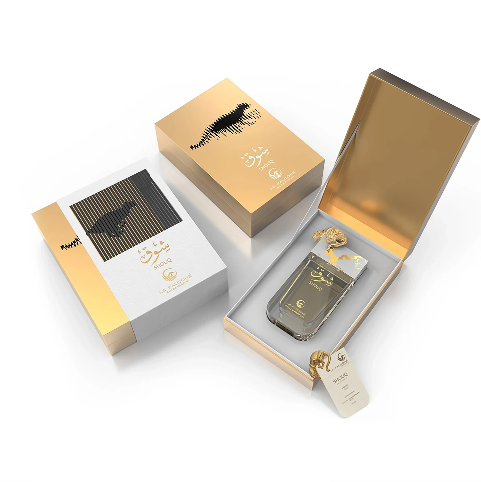 Un expositor premium de Le Falconé Shouq Eau de Parfum, que muestra el frasco de 90 ml junto a sus elegantes cajas de regalo blancas y doradas, resaltando el lujoso diseño y el emblema de la pantera dorada.
