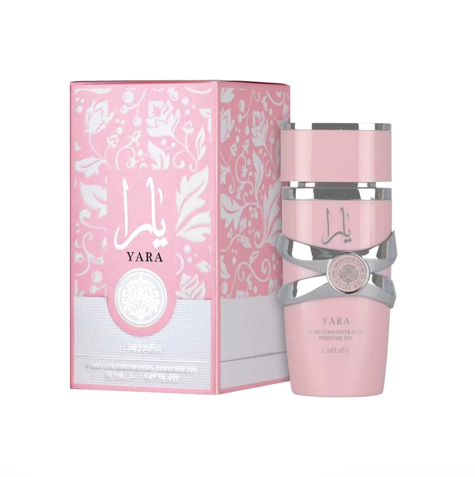 Pink Lattafa Yara Concentrated oil perfume bottle and packaging on a white background